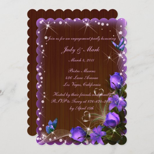 Rustic Dark Wood Lila Floral Engagement Party Einladung (Vorne/Hinten)