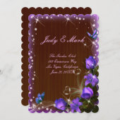 Rustic Dark Wood Lila Floral Wedding Card Einladung (Vorne/Hinten)