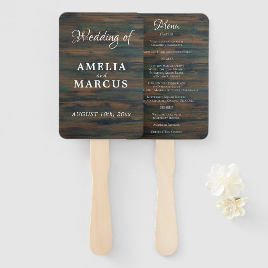 Rustic Dark Wood Script Wedding Menu Fächer (Vorne und Hinten)