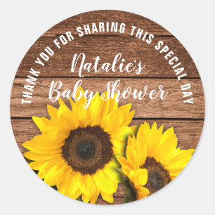 Rustic Dark Wood Sunflower Danke Baby Dusche Runder Aufkleber