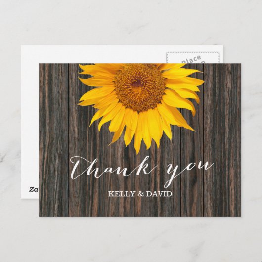 Rustic Dark Wood & Sunflower Wedding Vielen Dank Postkarte (Vorne/Hinten)