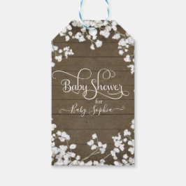 Rustic Dark Wood White Floral Script Baby Dusche Geschenkanhänger