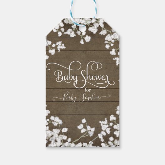 Rustic Dark Wood White Floral Script Baby Dusche Geschenkanhänger (Vorderseite)