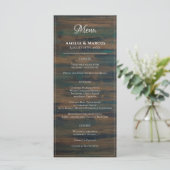 Rustic Dark Wood White Script Wedding Menu (Stehend Vorderseite)