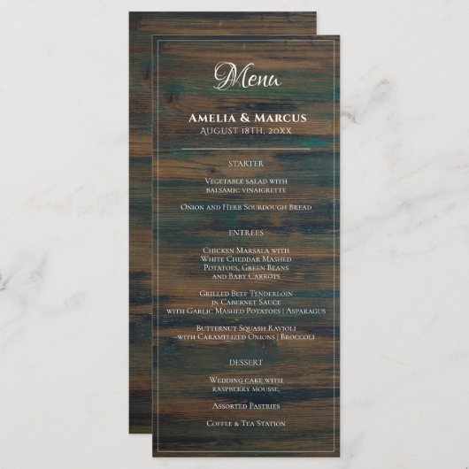 Rustic Dark Wood White Script Wedding Menu (Vorne/Hinten)