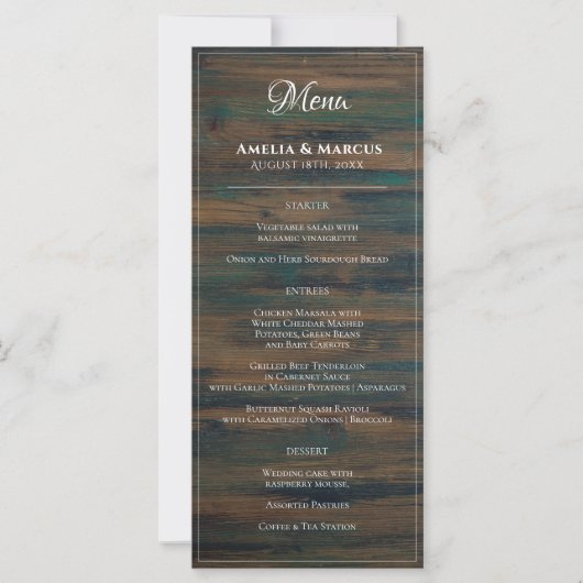 Rustic Dark Wood White Script Wedding Menu (Vorderseite)