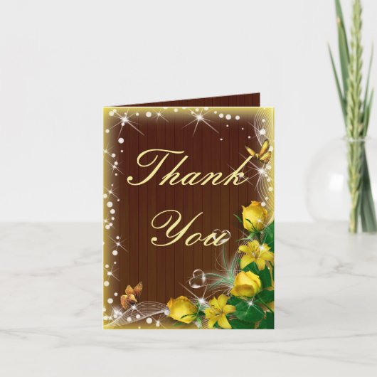Rustic Dark Wood Yellow Floral Wedding Vielen Dank Karte (Vorderseite)