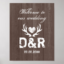 Rustic deer antler barn wood grain wedding posters poster