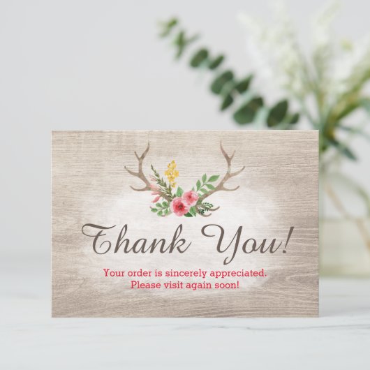 Rustic Deer Antler Bohemisches Blumenholz Vielen D Dankeskarte (Stehend Vorderseite)