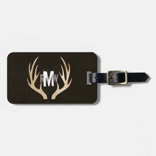 Rustic Deer Antler Monogram Gepäckmarke | Grunge Gepäckanhänger (Vorderseite horizontal)