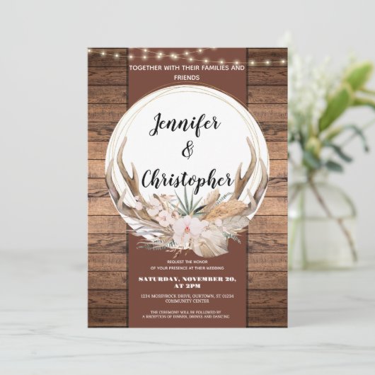 Rustic Deer Antler Wedding Einladung (Stehend Vorderseite)