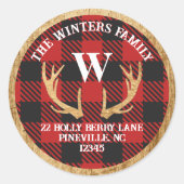 Rustic Deer Antlers Buffalo Kariertes Adressetiket Runder Aufkleber (Vorderseite)