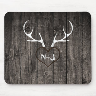 Rustic Deer Antlers & Carved Heart Country Mousepad