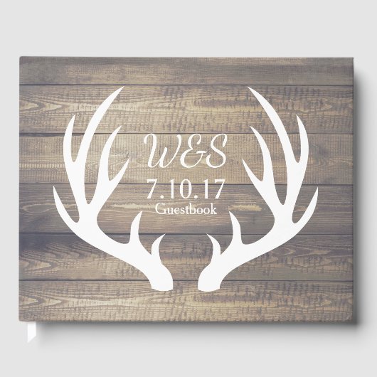 Rustic Deer Antlers Country Farmhouse Wood Wedding Gästebuch (Vorderseite)