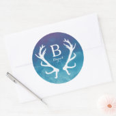 Rustic Deer Antlers Monogram Blue Watercolor Runder Aufkleber (Umschlag)