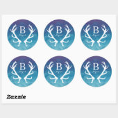 Rustic Deer Antlers Monogram Blue Watercolor Runder Aufkleber (Blatt)