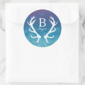 Rustic Deer Antlers Monogram Blue Watercolor Runder Aufkleber (Tasche)