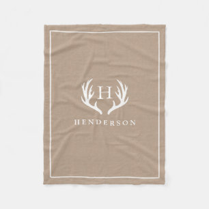 Rustic Deer Antlers Monogram Burlap Fleecedecke