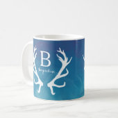 Rustic Deer Antlers Monogram Watercolor Blue Kaffeetasse (Vorderseite Links)