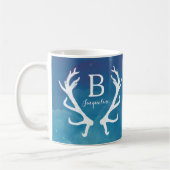 Rustic Deer Antlers Monogram Watercolor Blue Kaffeetasse (Links)