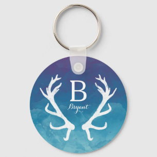 Rustic Deer Antlers Monogram Watercolor Blue Schlüsselanhänger