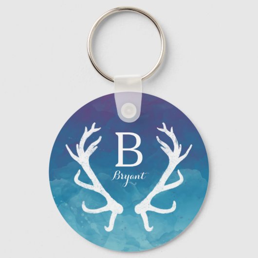 Rustic Deer Antlers Monogram Watercolor Blue Schlüsselanhänger (Vorderseite)