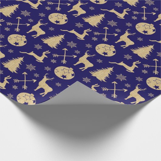 Rustic Deer Gold Weihnachtsmuster auf Blue Geschenkpapier (Ecke)