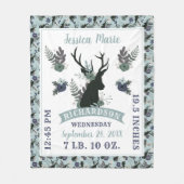 Rustic Deer Head Blue Baby Girl Birth Record Stats Fleecedecke (Vorderseite)