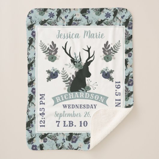 Rustic Deer Head Blue Baby Girl Birth Record Stats Sherpadecke (Vorderseite)