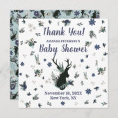 Rustic Deer Head Blue Floral Baby Dusche Vielen Da Dankeskarte (Vorne/Hinten)