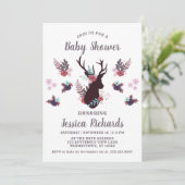Rustic Deer Head Mauve Floral Girl Baby Dusche Einladung (Stehend Vorderseite)