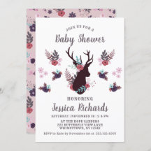 Rustic Deer Head Mauve Floral Girl Baby Dusche