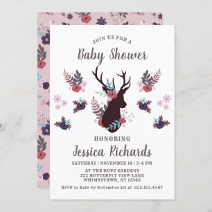 Rustic Deer Head Mauve Floral Girl Baby Dusche Einladung