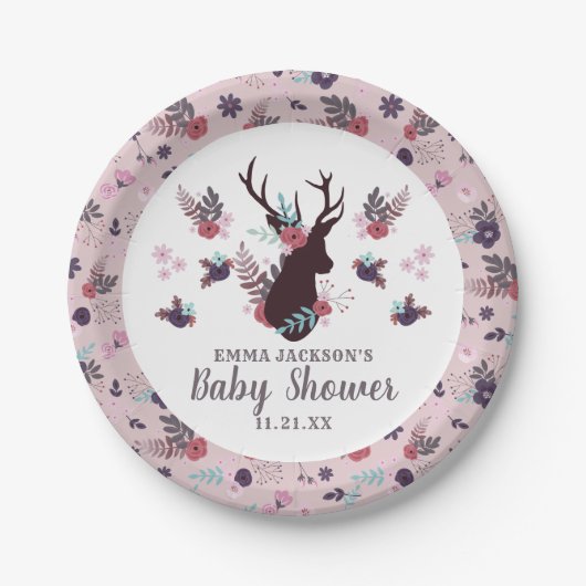 Rustic Deer Head Mauve Floral Girl Baby Dusche Pappteller (Vorderseite)