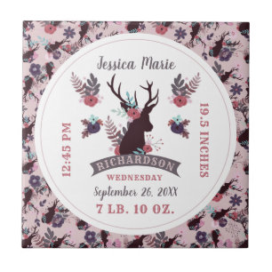 Rustic Deer Head New Baby Girl Birth Record Stats Fliese