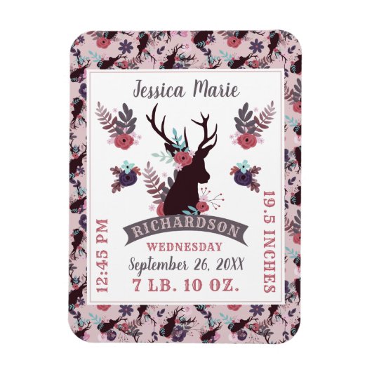 Rustic Deer Head New Baby Girl Birth Record Stats Magnet (Vertikal)