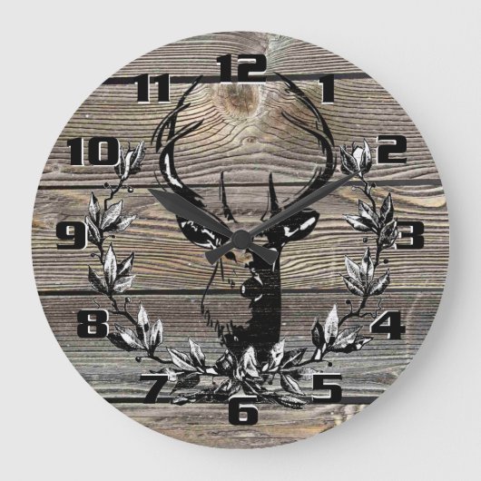 Rustic Deer Laurel leaves Old Wooden Boards Große Wanduhr (Vorderseite)