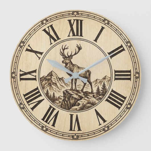 Rustic Deer Mountain Wall Clock | Wood-Look Cabin Große Wanduhr (Vorderseite)