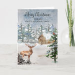 Rustic Deer Niece and Husband Christmas Karte<br><div class="desc">Frohe Weihnachten für Nichte und Ehemannskarte mit einer rustikal schneebedeckten Hütte im Wald und nachdenklichen Vers.</div>