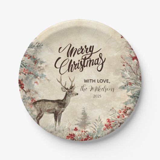 Rustic Deer Pine Berry Weihnachtsgebäck Party Pappteller (Vorderseite)