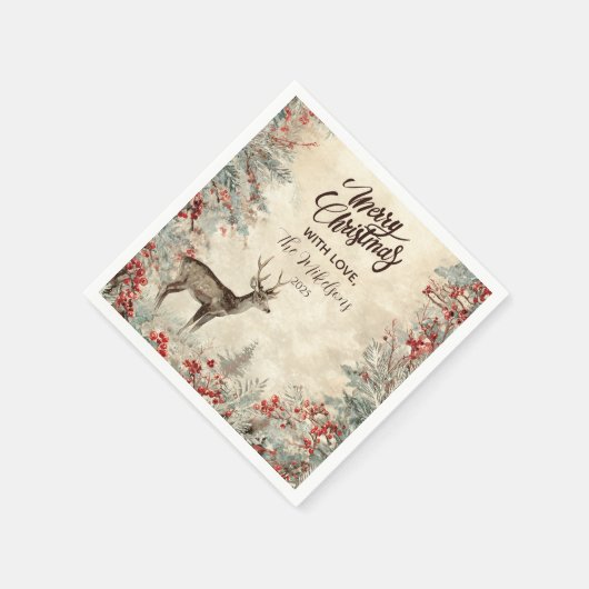 Rustic Deer Pine Berry Weihnachtsgebäck Party Serviette (Ecke)