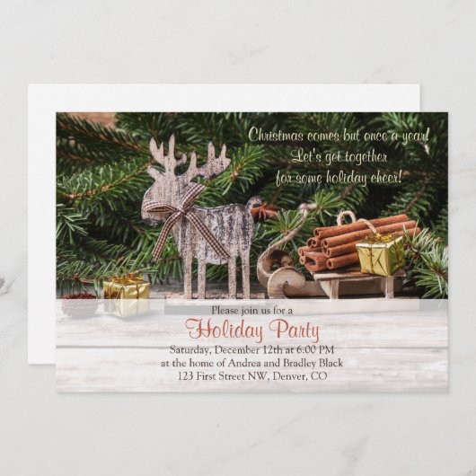 Rustic Deer Sleigh Weihnachtsfeier Einladung (Vorne/Hinten)