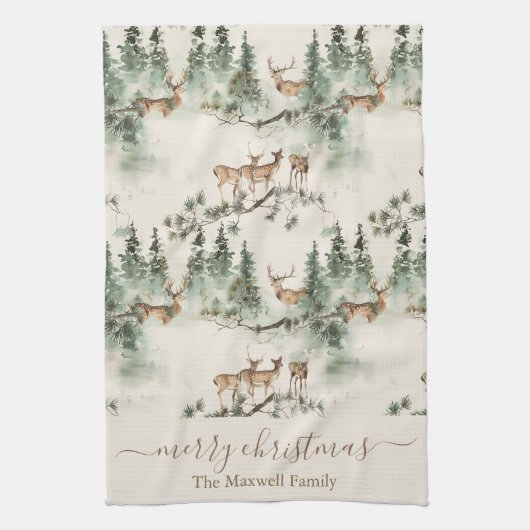 Rustic deers merry christmas family name geschirrtuch (Vertikal)