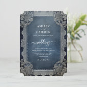 Rustic Denim Blue and Lace Wedding Einladung (Stehend Vorderseite)