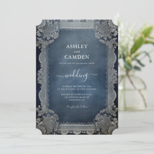 Rustic Denim Blue and Lace Wedding Einladung (Stehend Vorderseite)