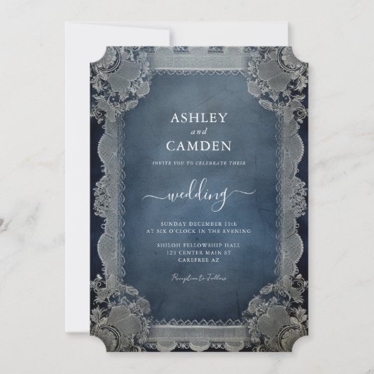 Rustic Denim Blue and Lace Wedding Einladung (Vorderseite)