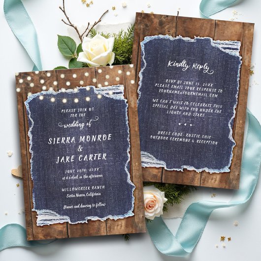 Rustic Denim Lights Country Cowboy RSVP Wedding Einladung