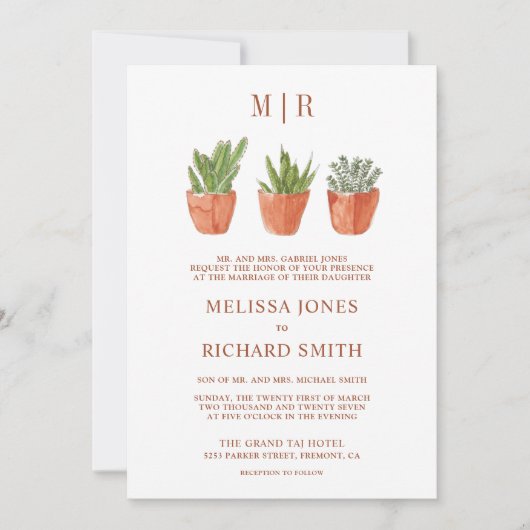 Rustic Desert Cactus Terracotta Pots Wedding Einladung (Vorderseite)