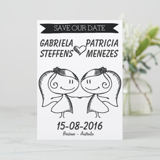 Rustic Doodle Couple Lesbian Save the Date (Stehend Vorderseite)