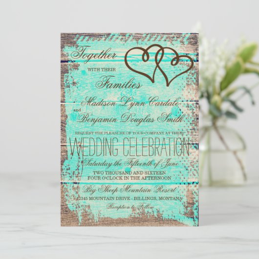 Rustic Double Hearts Aqua Wood Wedding lädt ein Einladung (Stehend Vorderseite)